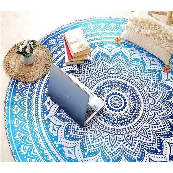 Aqua Blue Ombre Round Beach Tapestry Hippie/Boho Beach Blanket 70 inch Circle - Picture 2 of 3